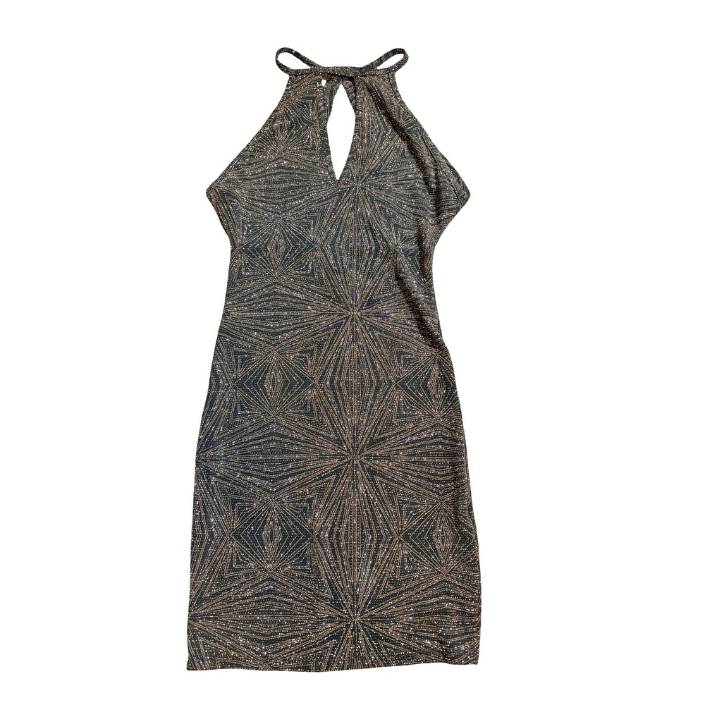 Iris Halter Mini Dress Womens Medium Black Gold Glitter Geometric Starburst